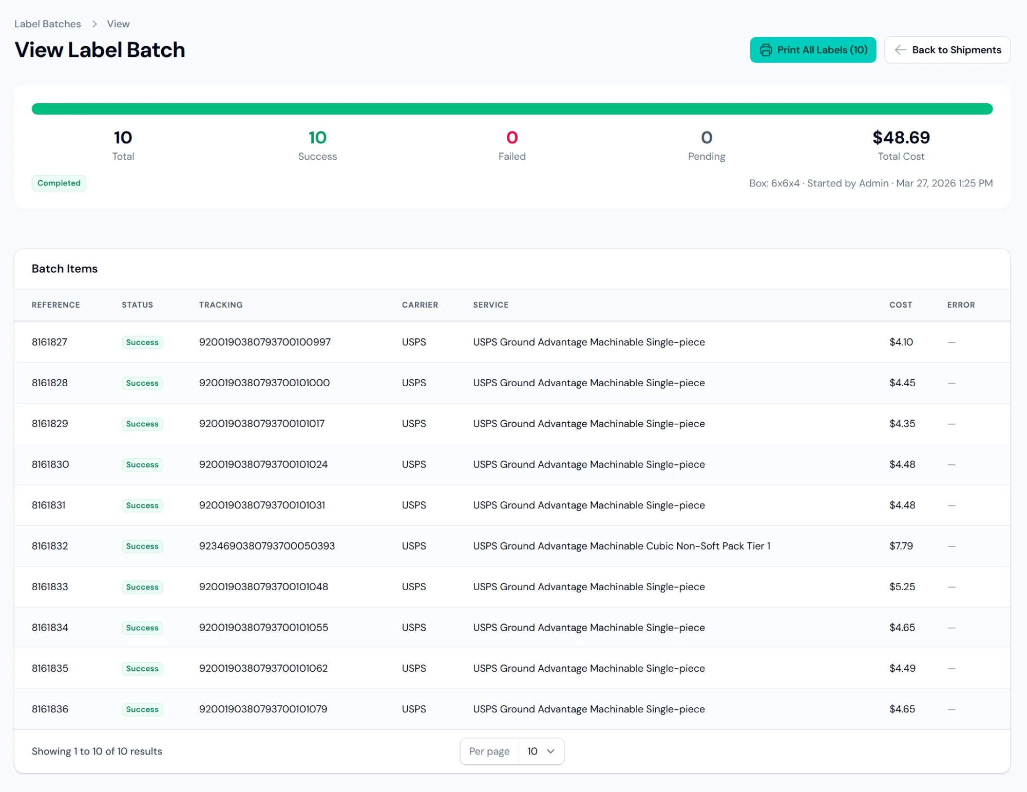 Batch shipping screen showing labels printed in sequence with tracking numbers and costs