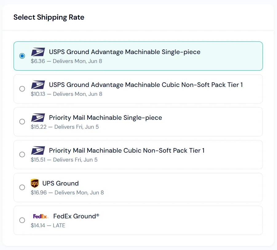 Rate shopping screen showing carrier options and prices side by side