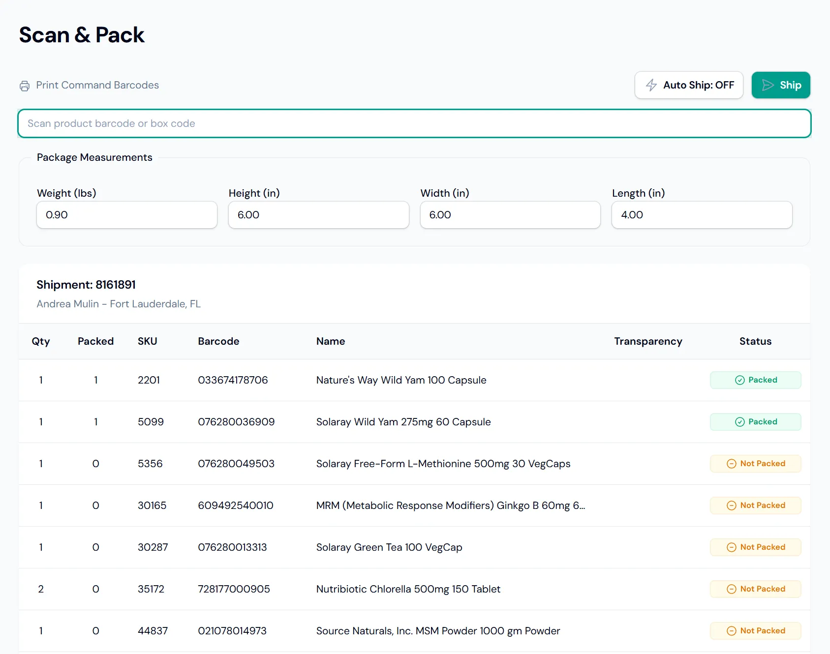 Scan and pack workflow showing item validation and weight capture