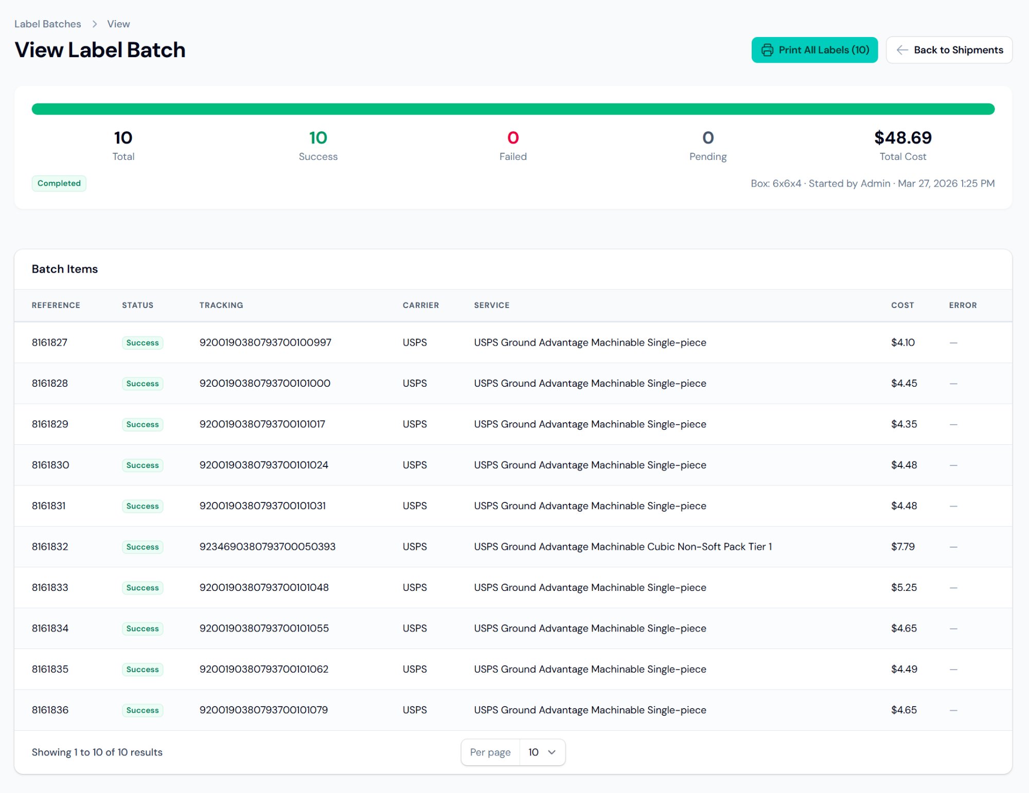 Label batch view showing 10 successfully printed labels with tracking numbers and costs