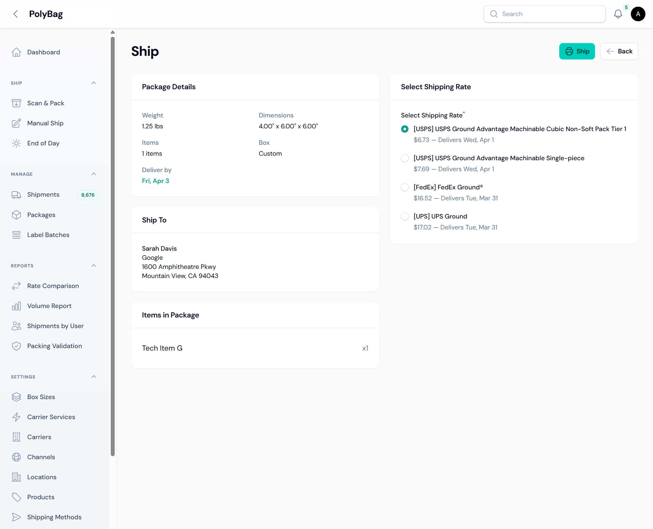 PolyBag rate shopping — compare USPS, FedEx, and UPS rates side by side