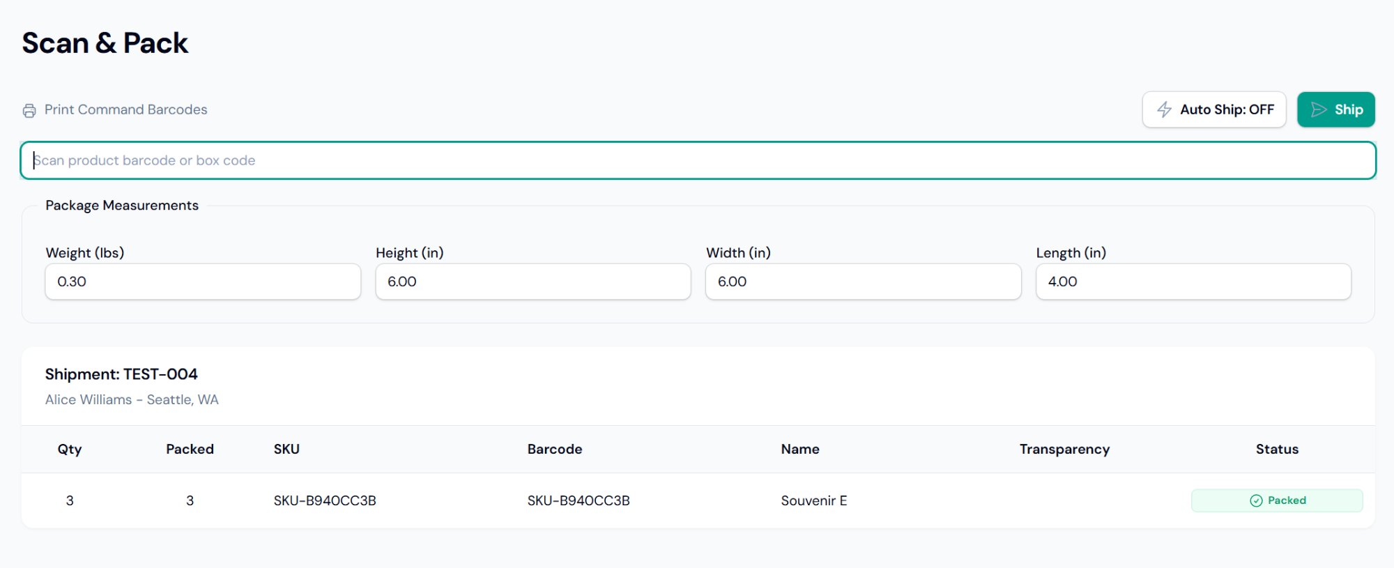 Scan and pack workflow showing item validation and weight capture